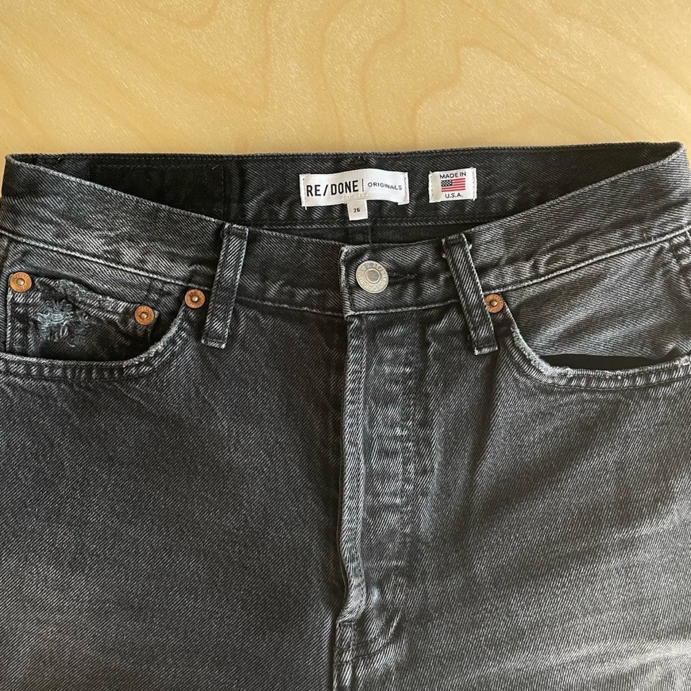 RE/DONE black wash high waisted straight leg distressed denim